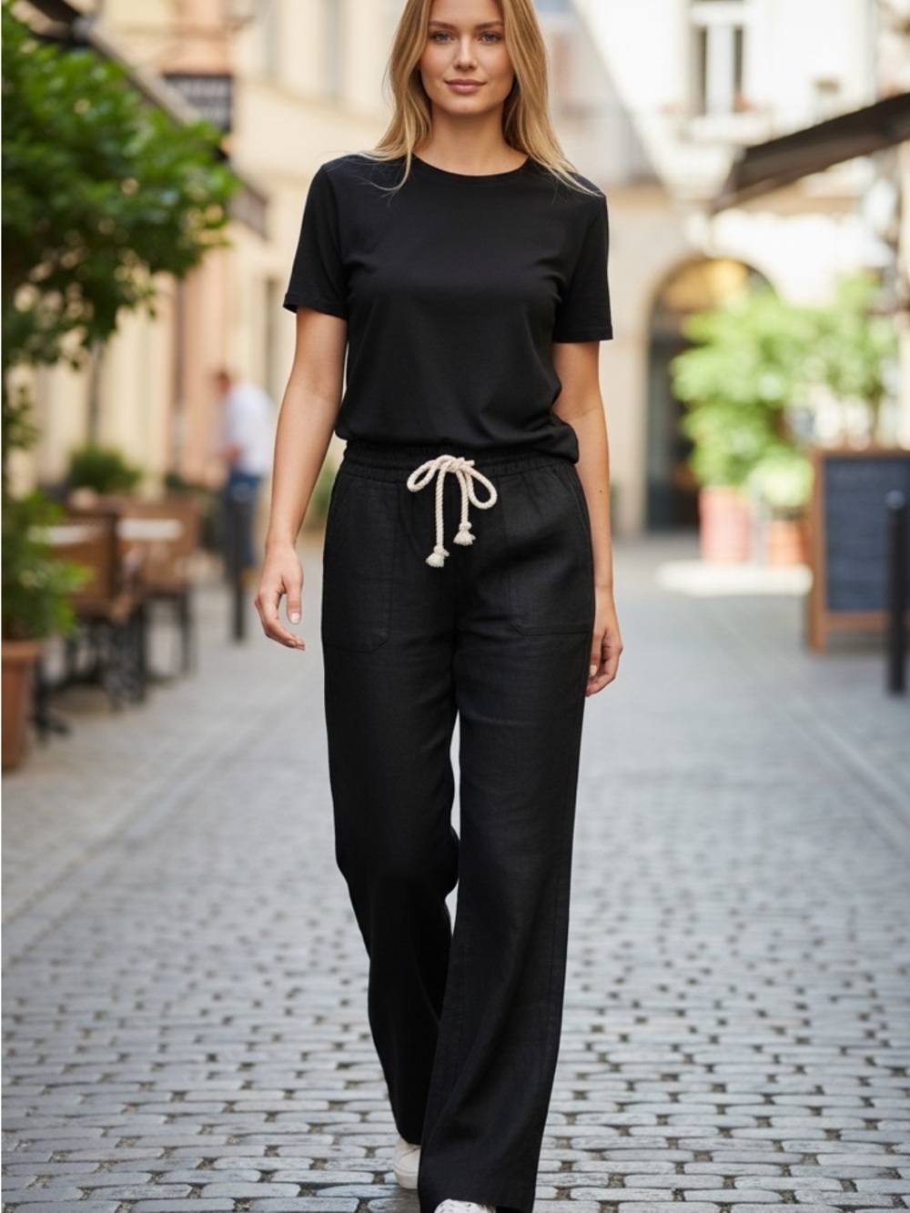 Roxy Black Wide-Leg Linen-Blend Pants with Natural Drawstring - Picture 4 of 7